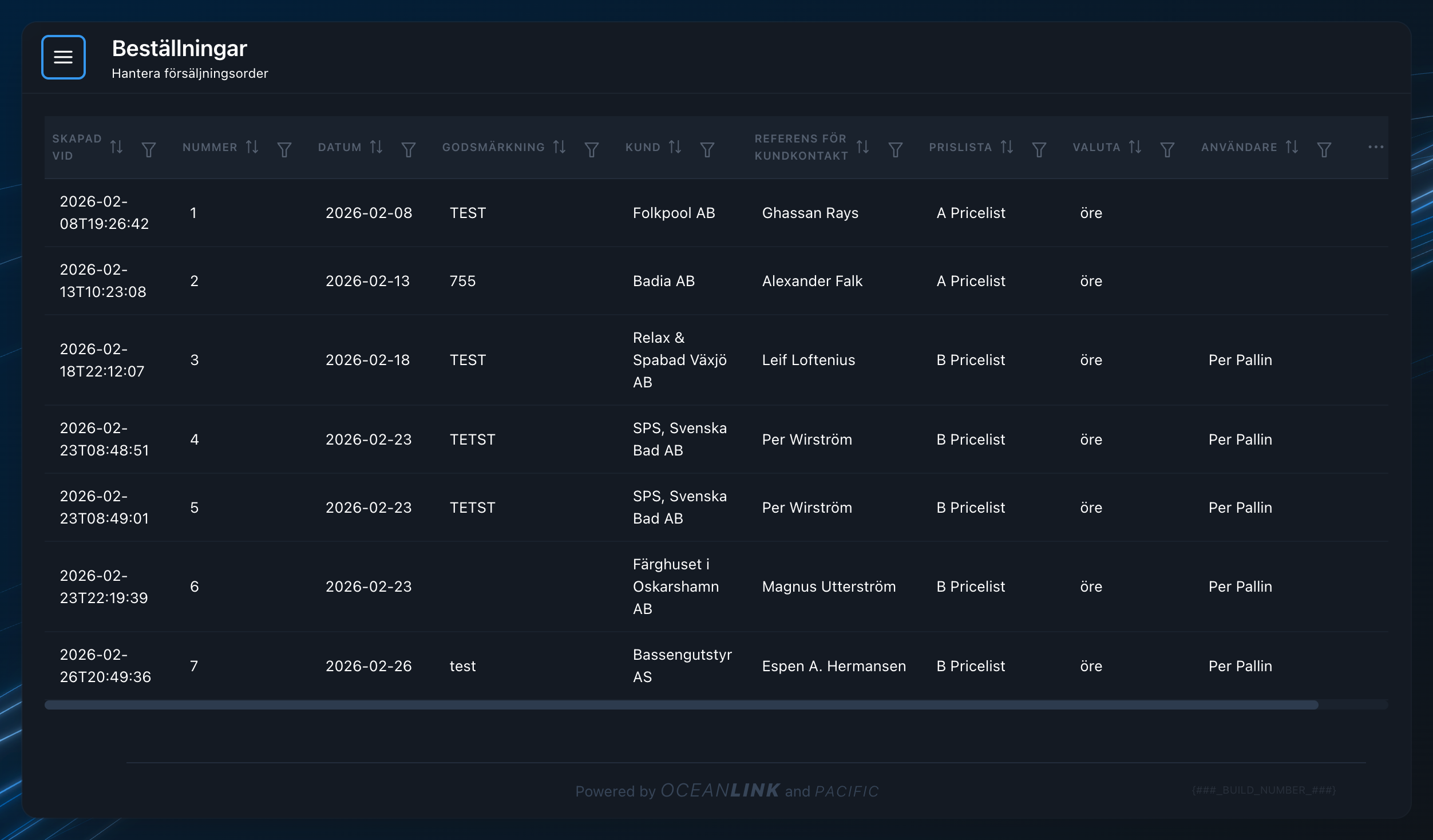 Oceanlink orderlista med versionering och status